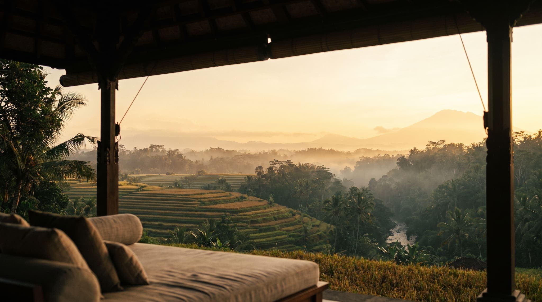 A house veranda in the tropical forest near Ubud at golden hour