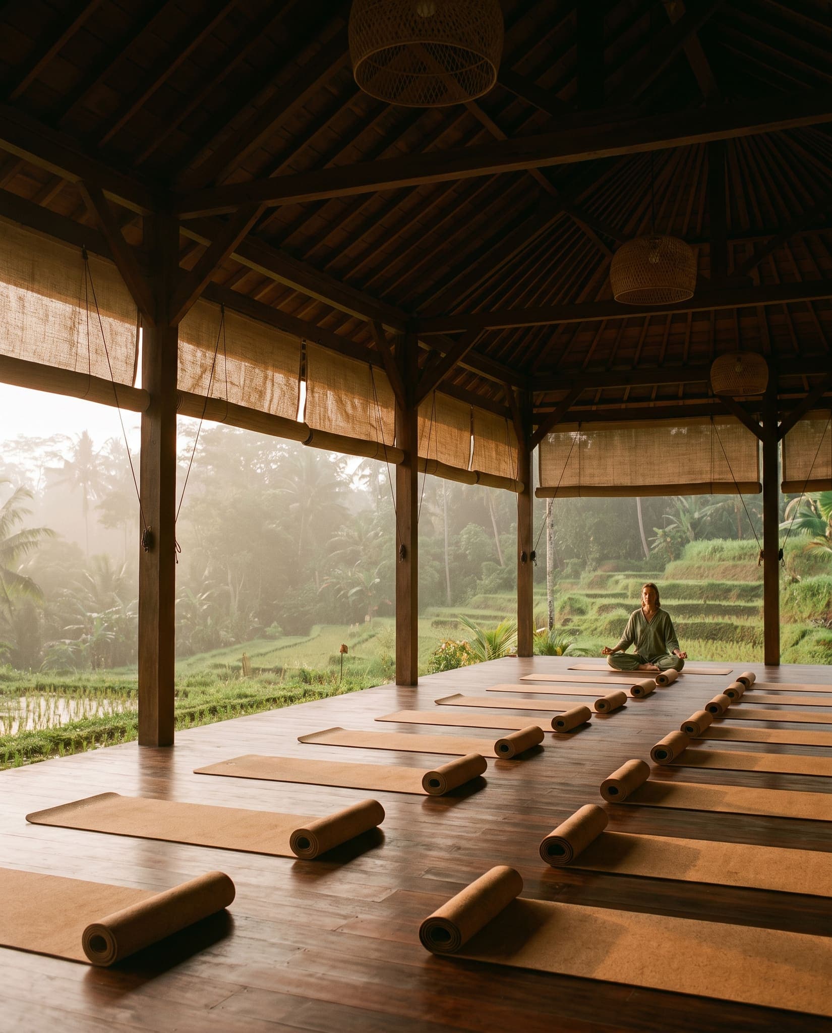 Open-sided yoga hall at dawn