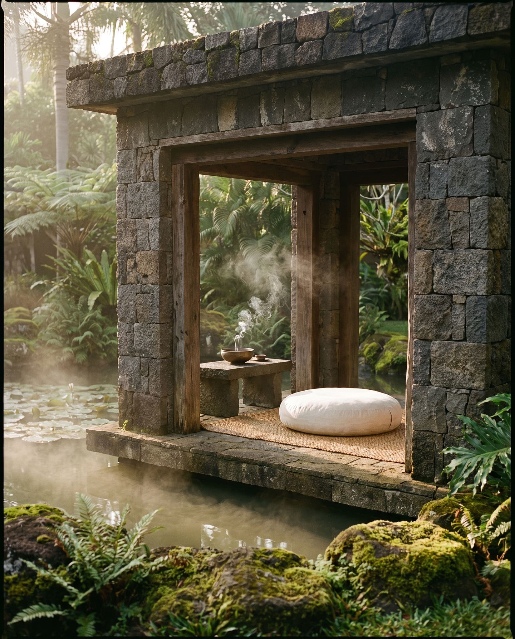 Meditation pavilion on a lotus pond