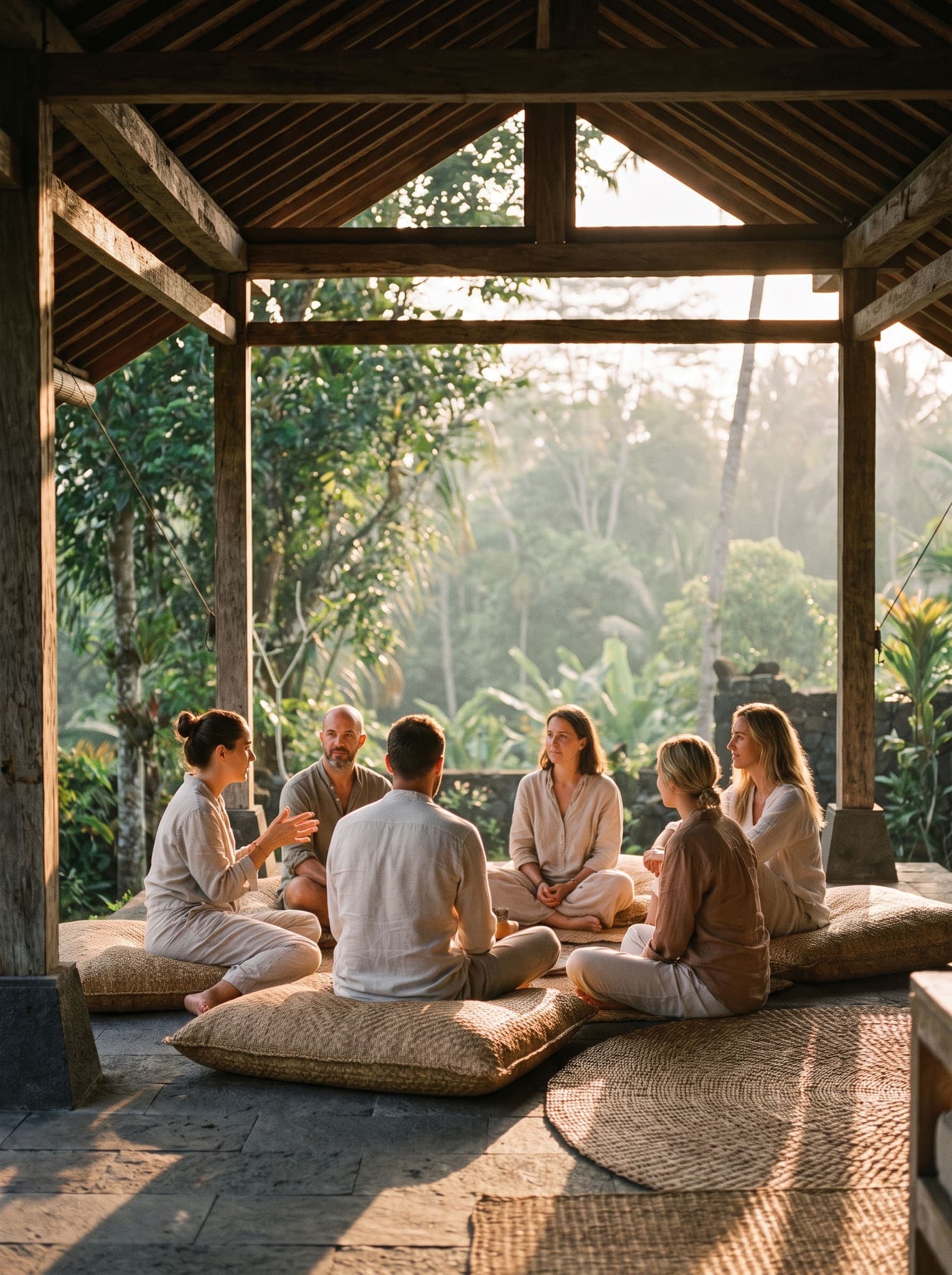 Guests talking in a circle in an open pavilion