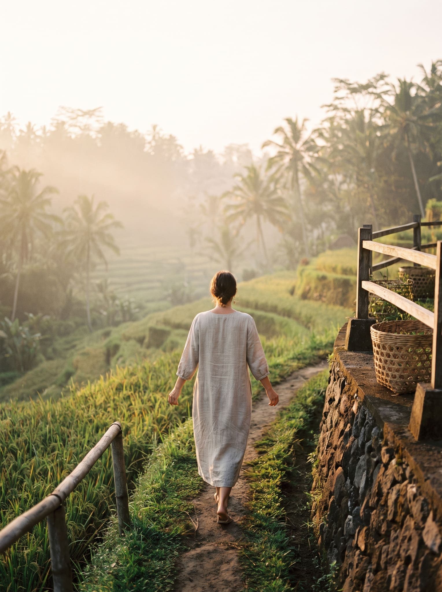 Walking along the rice terraces at sunrise