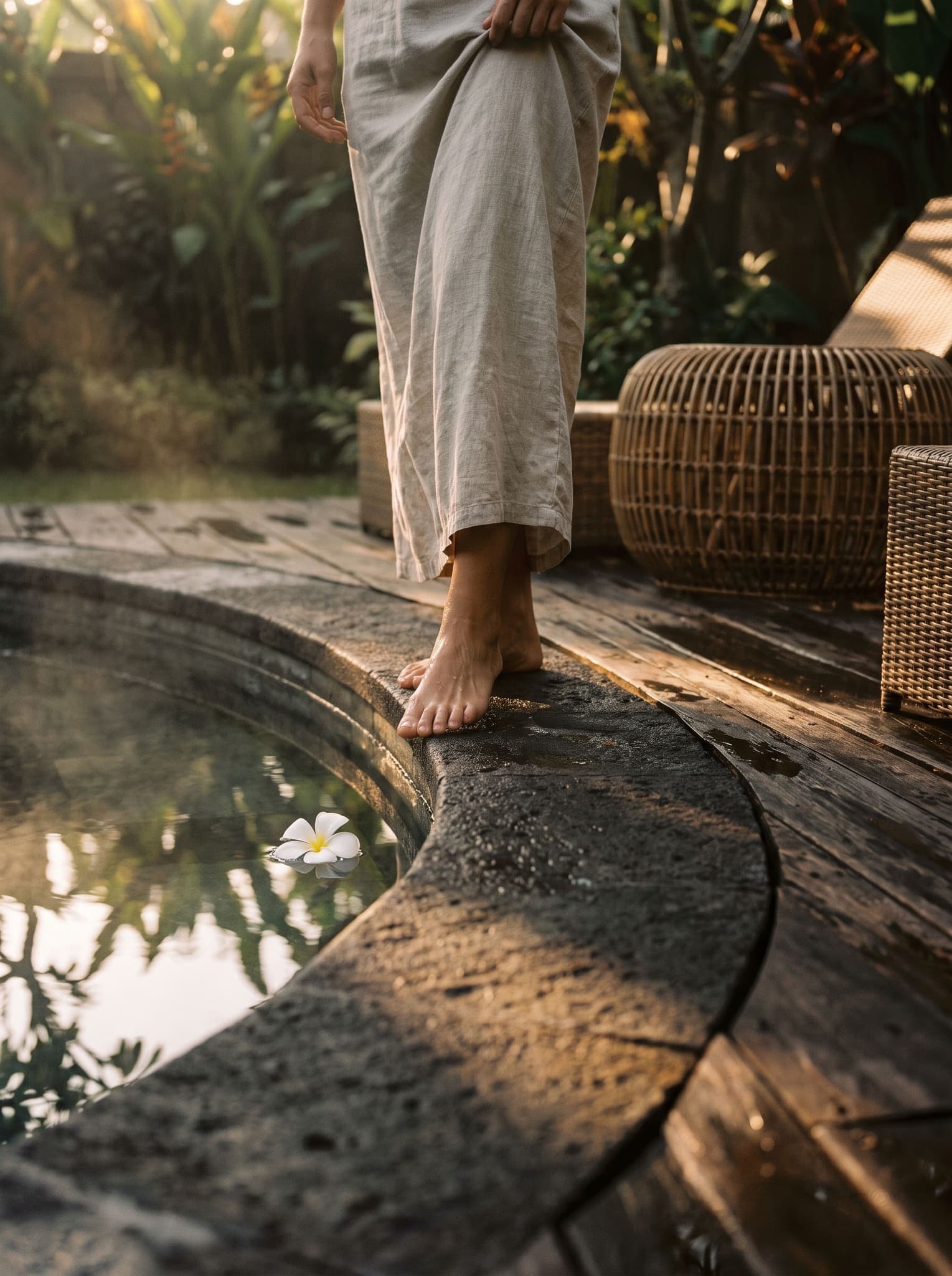 Stepping onto a stone edge of a still pond at dawn