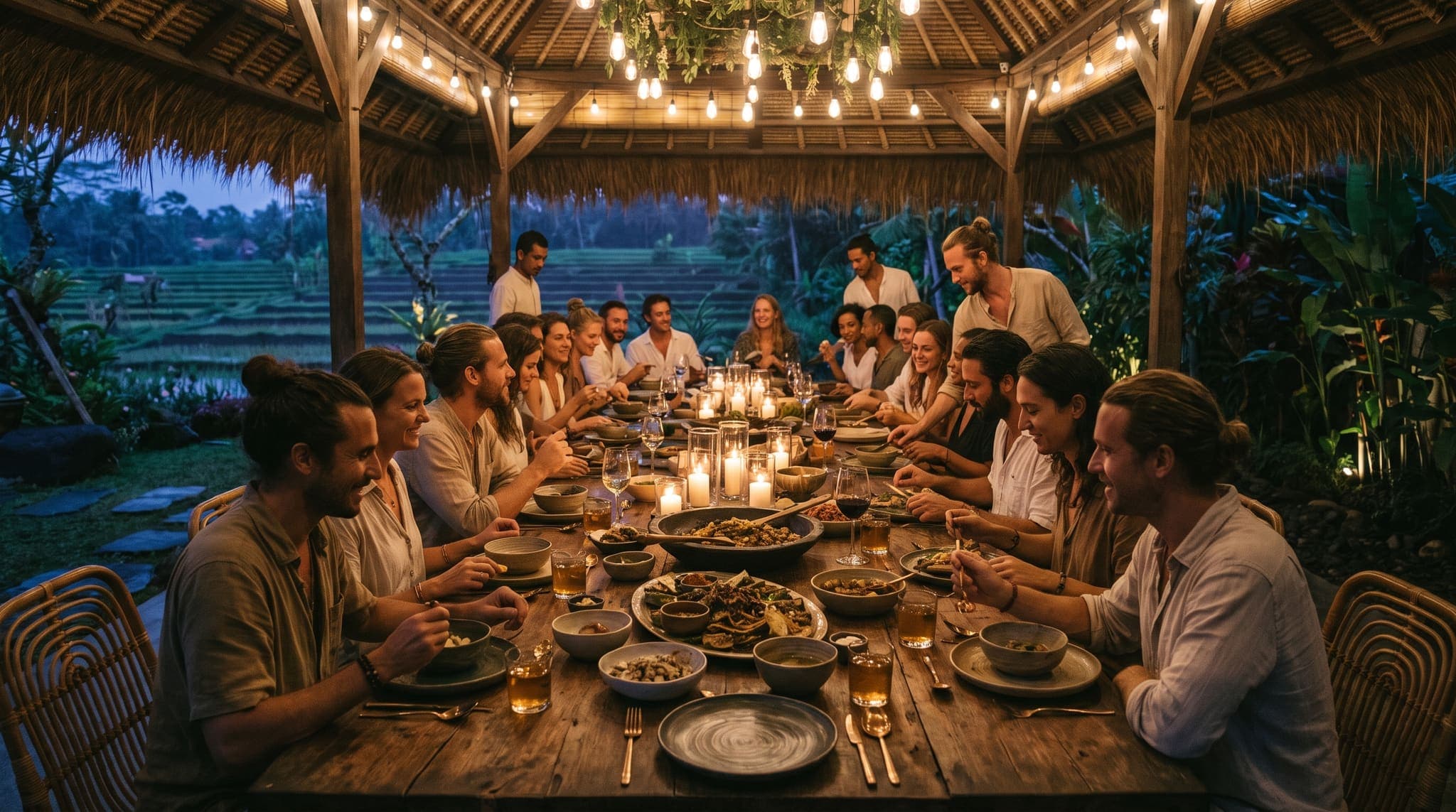 A community dinner in the jungle garden at dusk