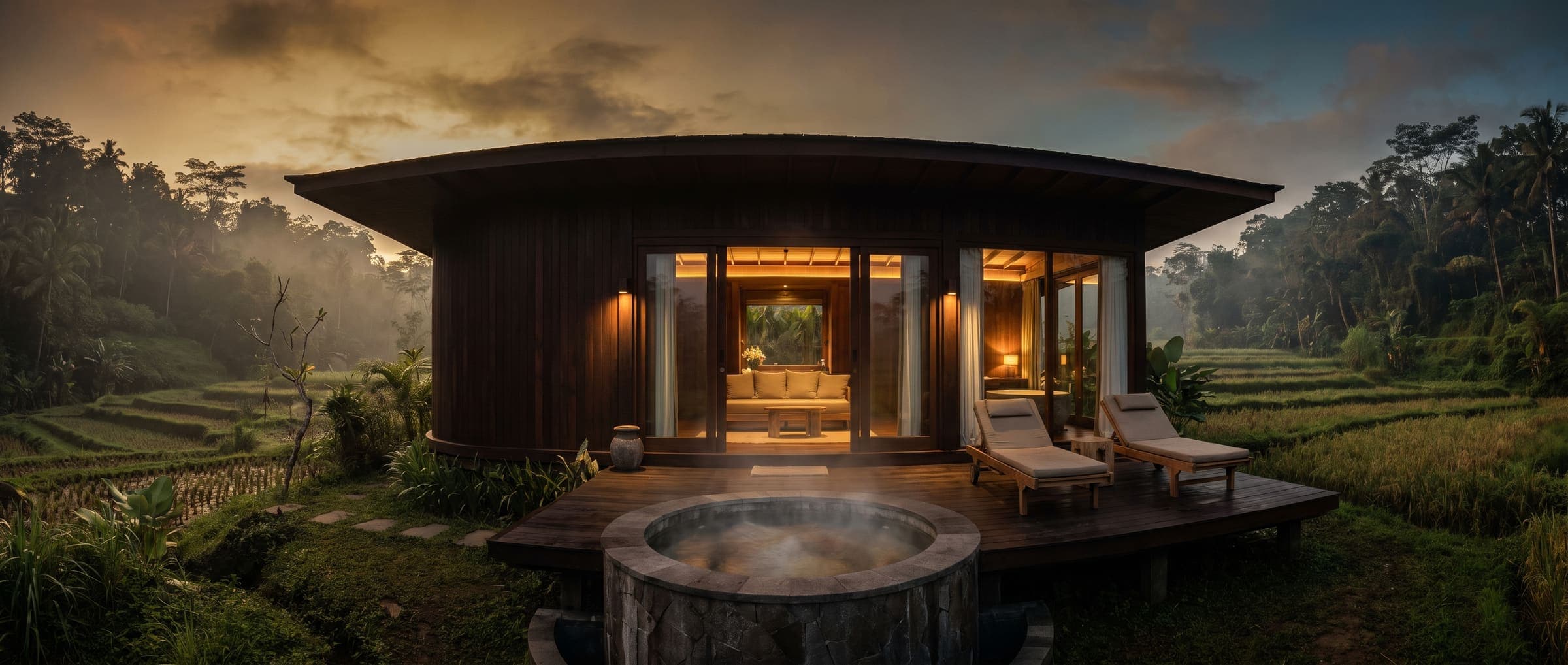 An ELVA house with a steaming stone jacuzzi on its deck at dusk