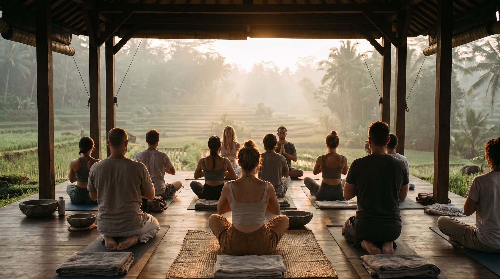 A retreat group practising yoga at sunrise